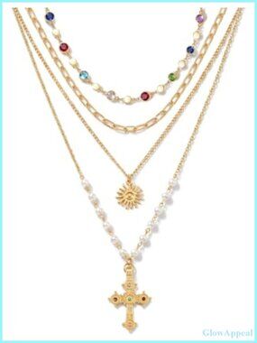 Gold Plated Cross Pendant Necklace Set for Women, Bohemian Layered Pearl
